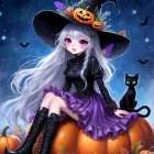 Whimsical Witch on Pumpkin Under Starry Night Sky