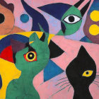 Abstract Composition of Colorful Cat Faces and Eyes