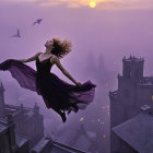 Mystical Figure in Purple Dress Over Twilight Cityscape