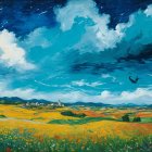 Vibrant Landscape with Hills, Fields, and Village