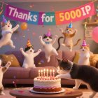3D Render of a Birthday Party with Cats in Living Room