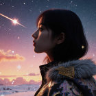 Woman in fur-lined parka against twilight sky backdrop