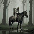 Astronaut in Space Suit Riding Horse in Misty Forest