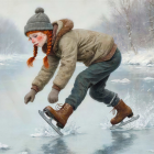 Young Girl Ice Skating on Frozen Lake in Winter