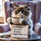 Fluffy Cat in Cozy Chair with Coffee and Humor Sign