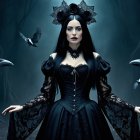 Mysterious Woman in Dark Forest with Ravens and Crows