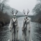 Figures in White Gowns with Antlers in Misty River