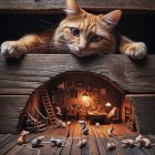 Orange Tabby Cat Observes Mice in Miniature Room