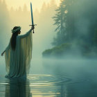 Mystical Figure with Sword in Foggy Lake Setting