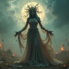 Mystical Figure in a Surreal Landscape with Moonlight