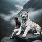 Misty Landscape with White Tiger and Young Woman