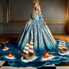 Regal Figure in Opulent Room with Miniature Ships