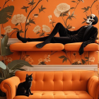 Interior Scene with Orange Decor and Skull Mask Figure