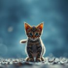 Small tabby kitten with bright blue eyes in dreamy setting
