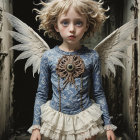 Child in Decaying Space with Ethereal Wings and Outfit
