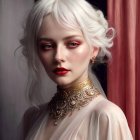Portrait of a Woman with White Hair and Red Makeup