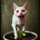 Surreal White Cat with Red Eyes on Soil Pot