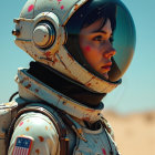 Female Astronaut in Desert with Reflective Helmet