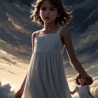 Young girl in white dress under dramatic swirling clouds
