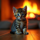 Adorable Tabby Kitten on Wooden Floor by Firelight