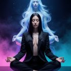 Woman in Black Suit Meditates with Ethereal Figure