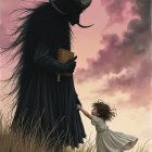 Surreal Scene of Dark Figure and Curious Girl in Grass