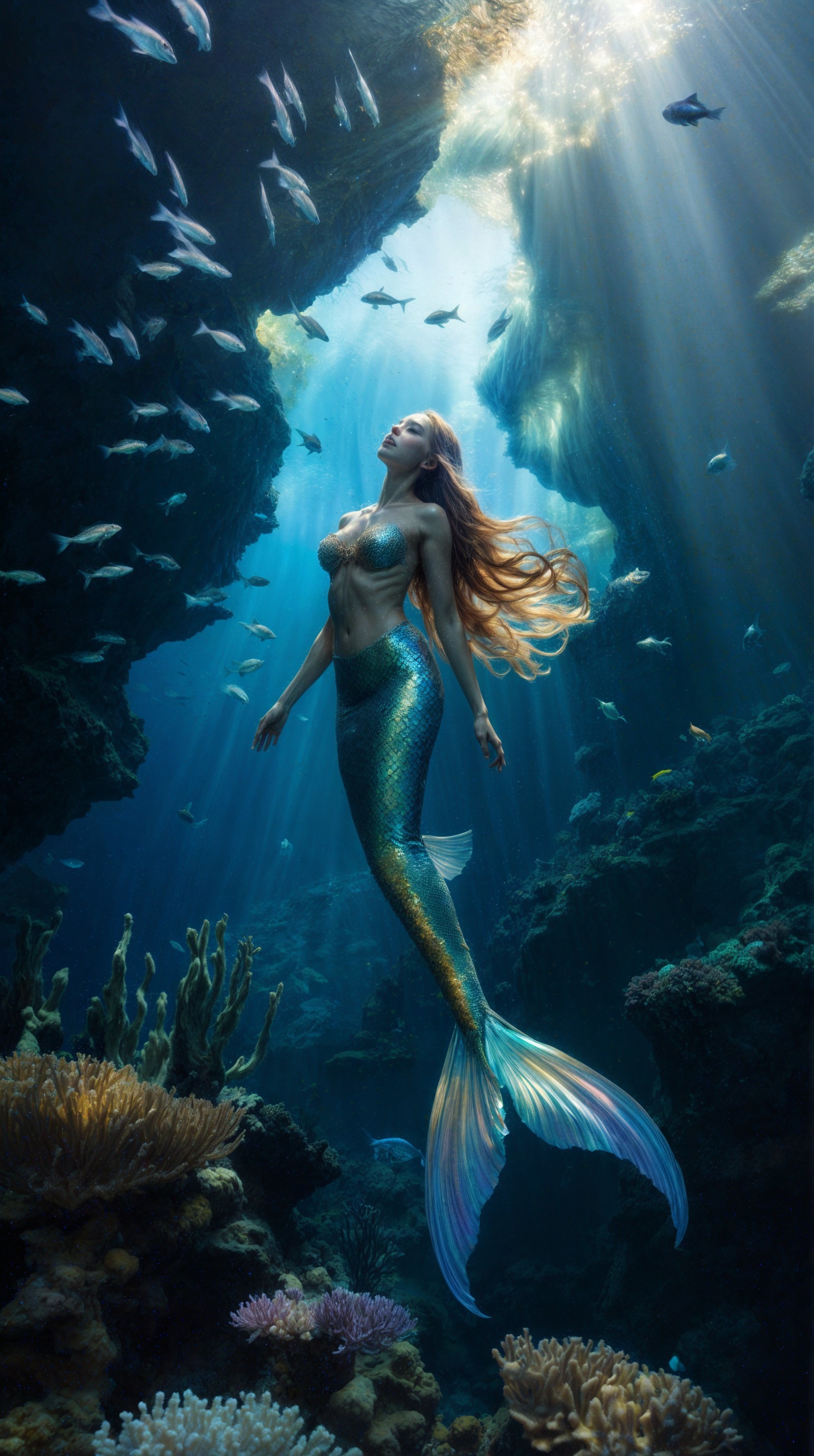Underwater Scene with Mermaid and Coral Reefs