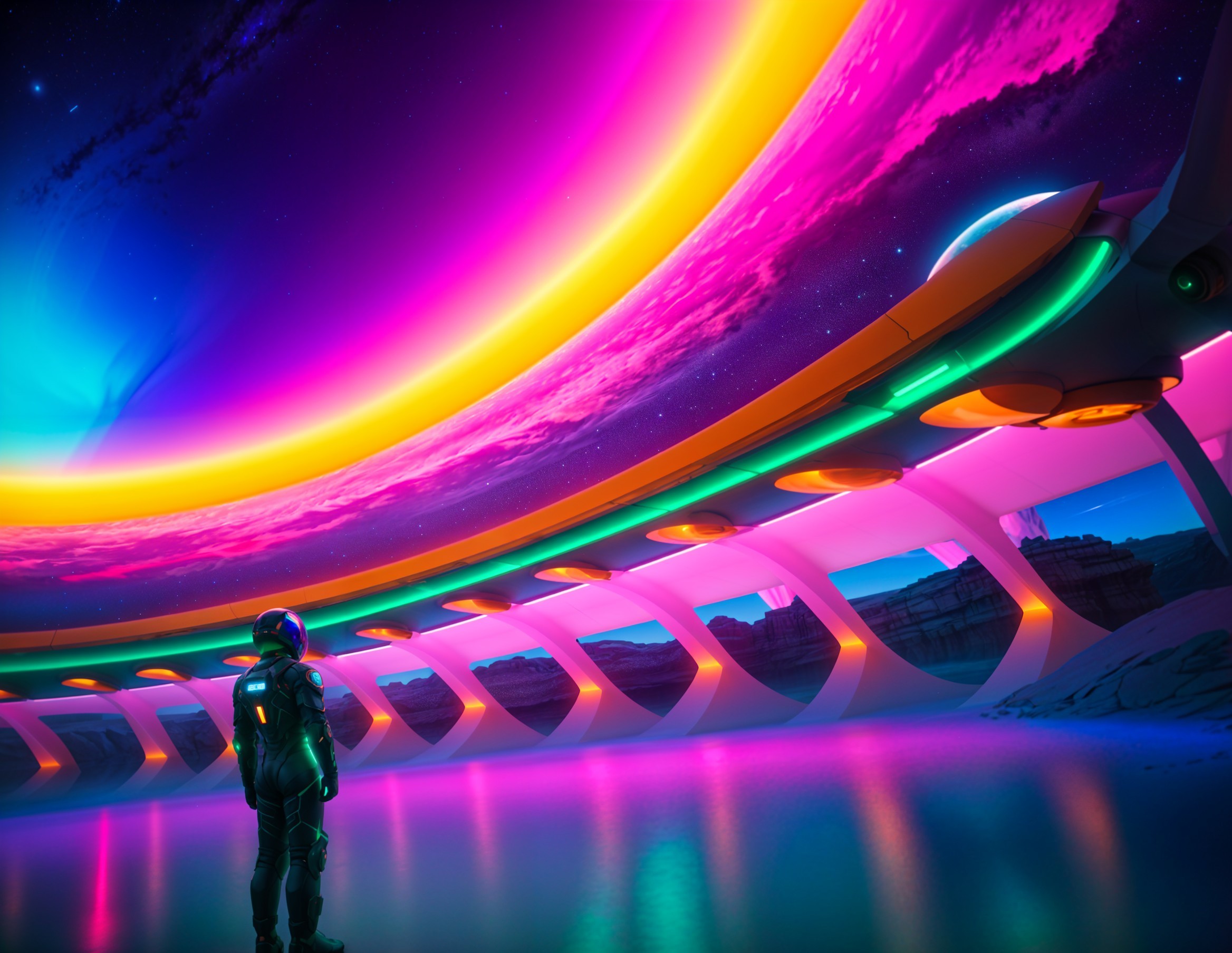 Astronaut in Vibrant Neon Sky Over Futuristic Landscape