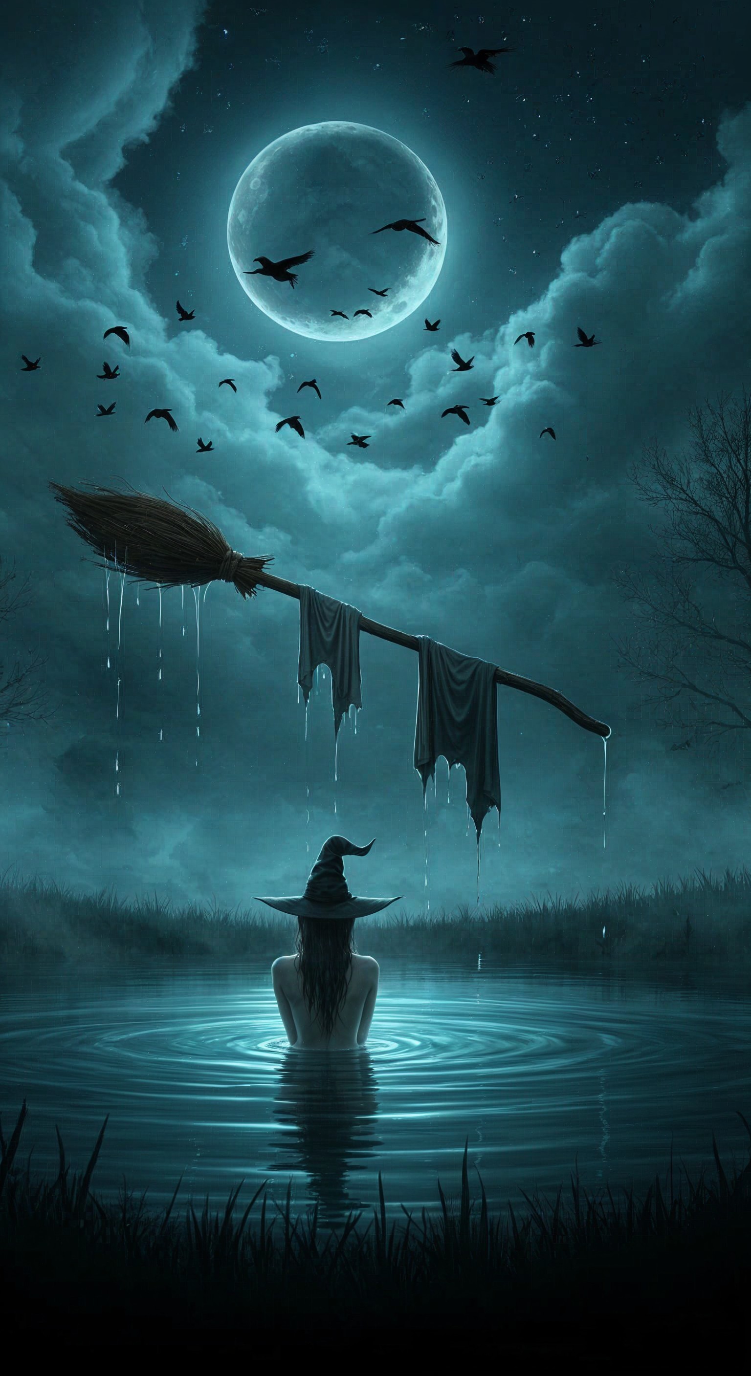 Witch in Moonlit Scene with Fog and Crows