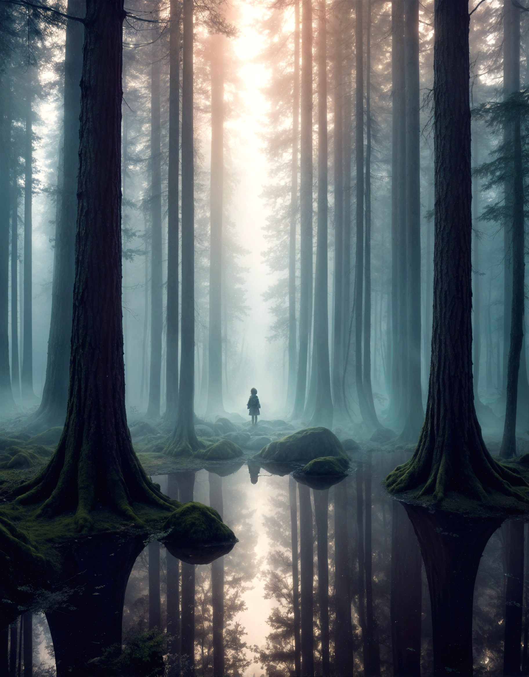 Serene forest scene with mist and reflective pool