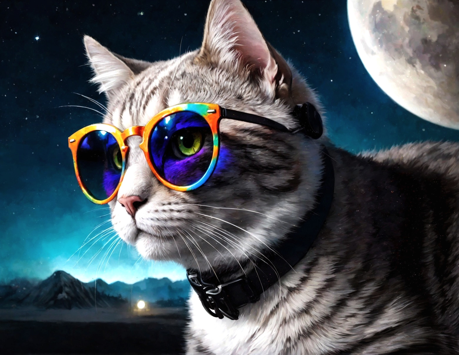 Cat in Colorful Sunglasses Against Night Sky and Moon
