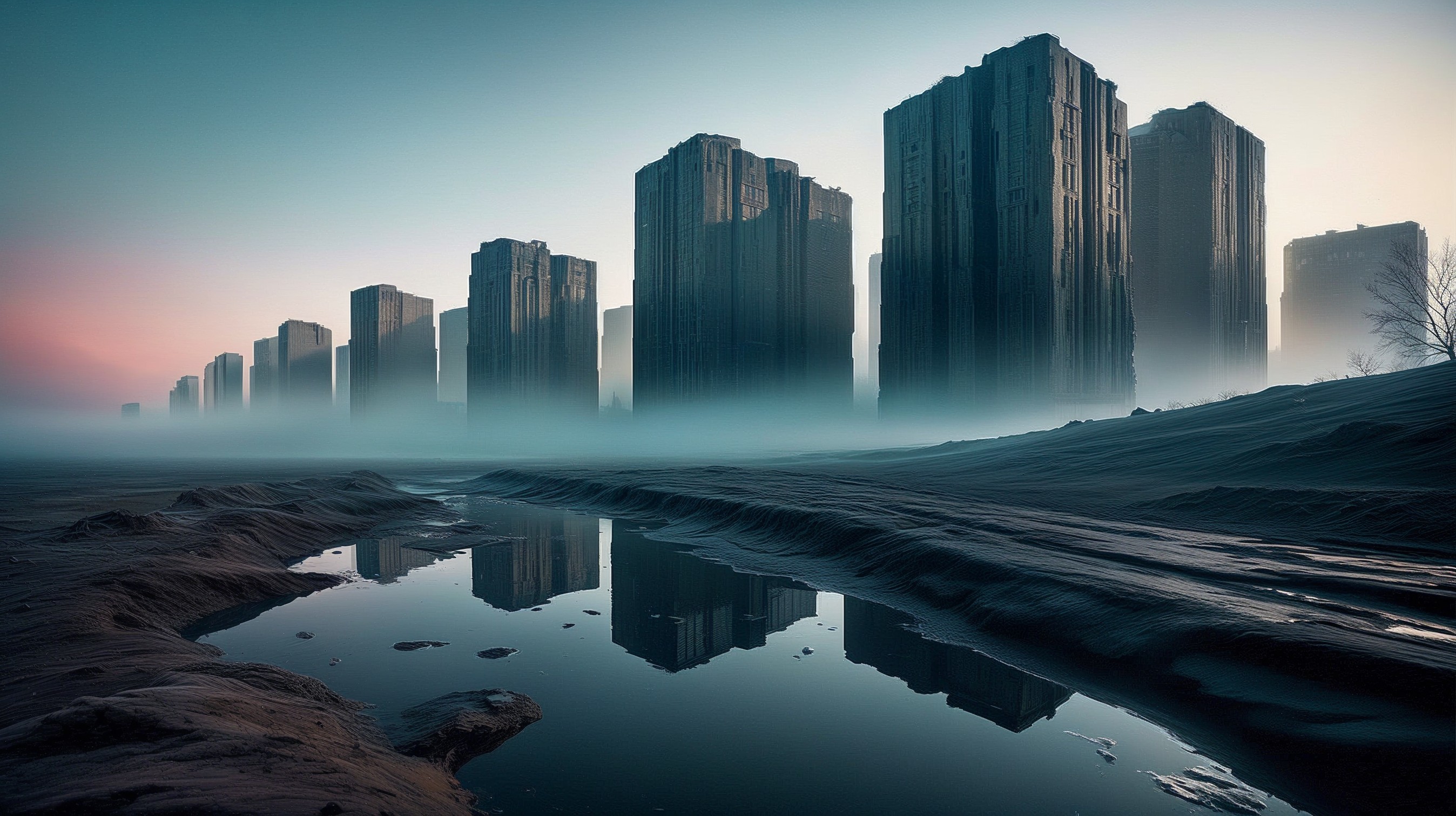 Desolate Landscape with Monolithic Structures and Mist