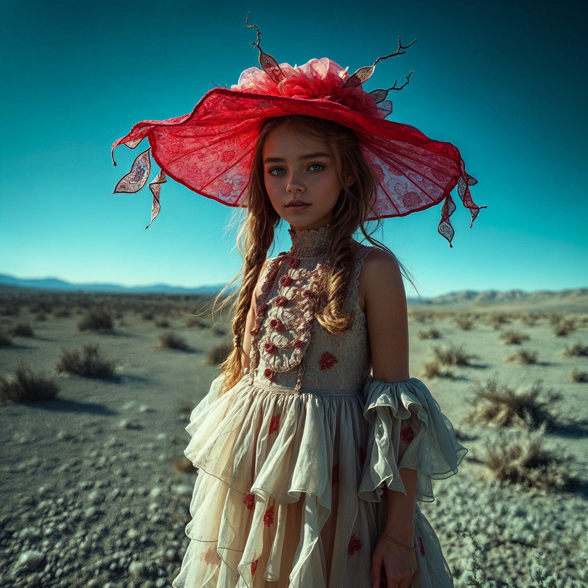 Young girl in elaborate dress in desolate landscape