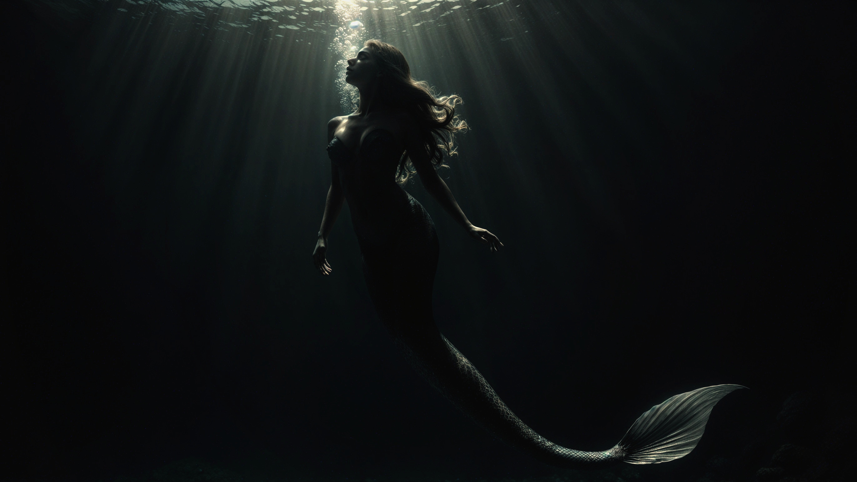 Mystical Underwater Scene with Mermaid in Dark Waters