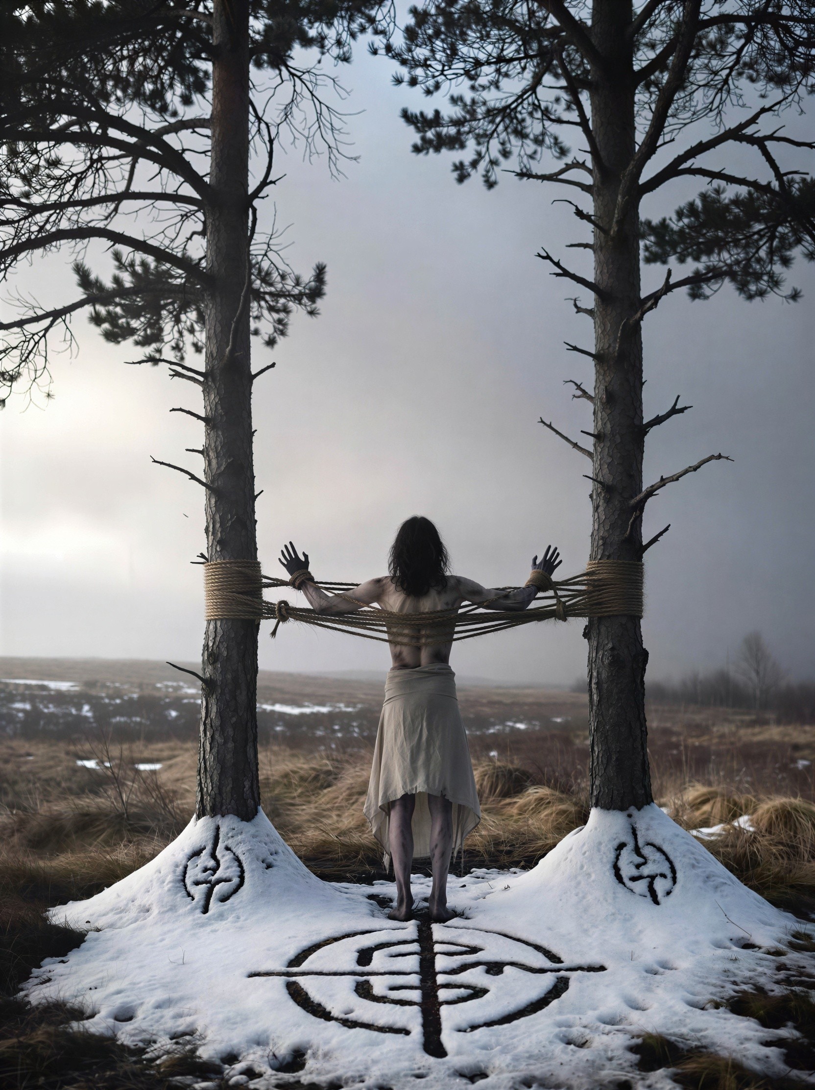 Dramatic Scene of Bound Woman in Snowy Landscape