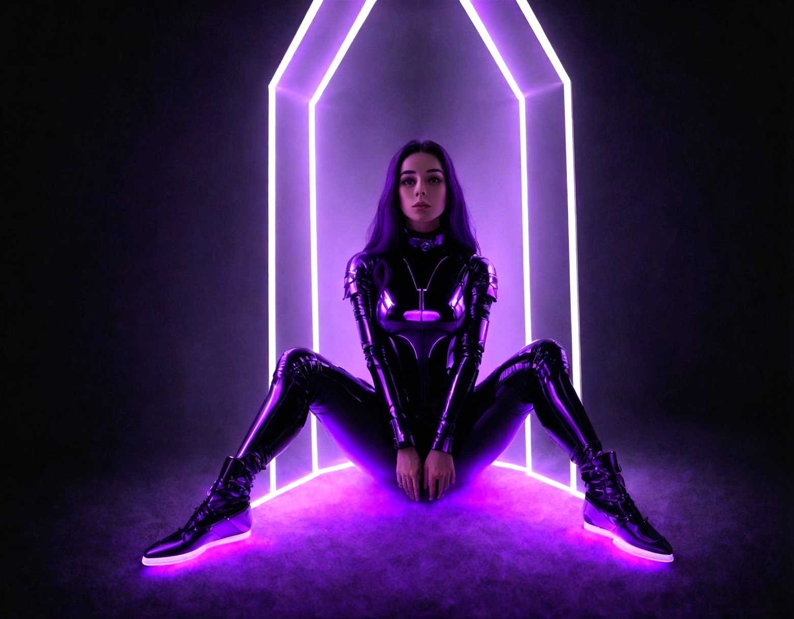 Futuristic Figure in Black and Purple Suit with Neon Glow
