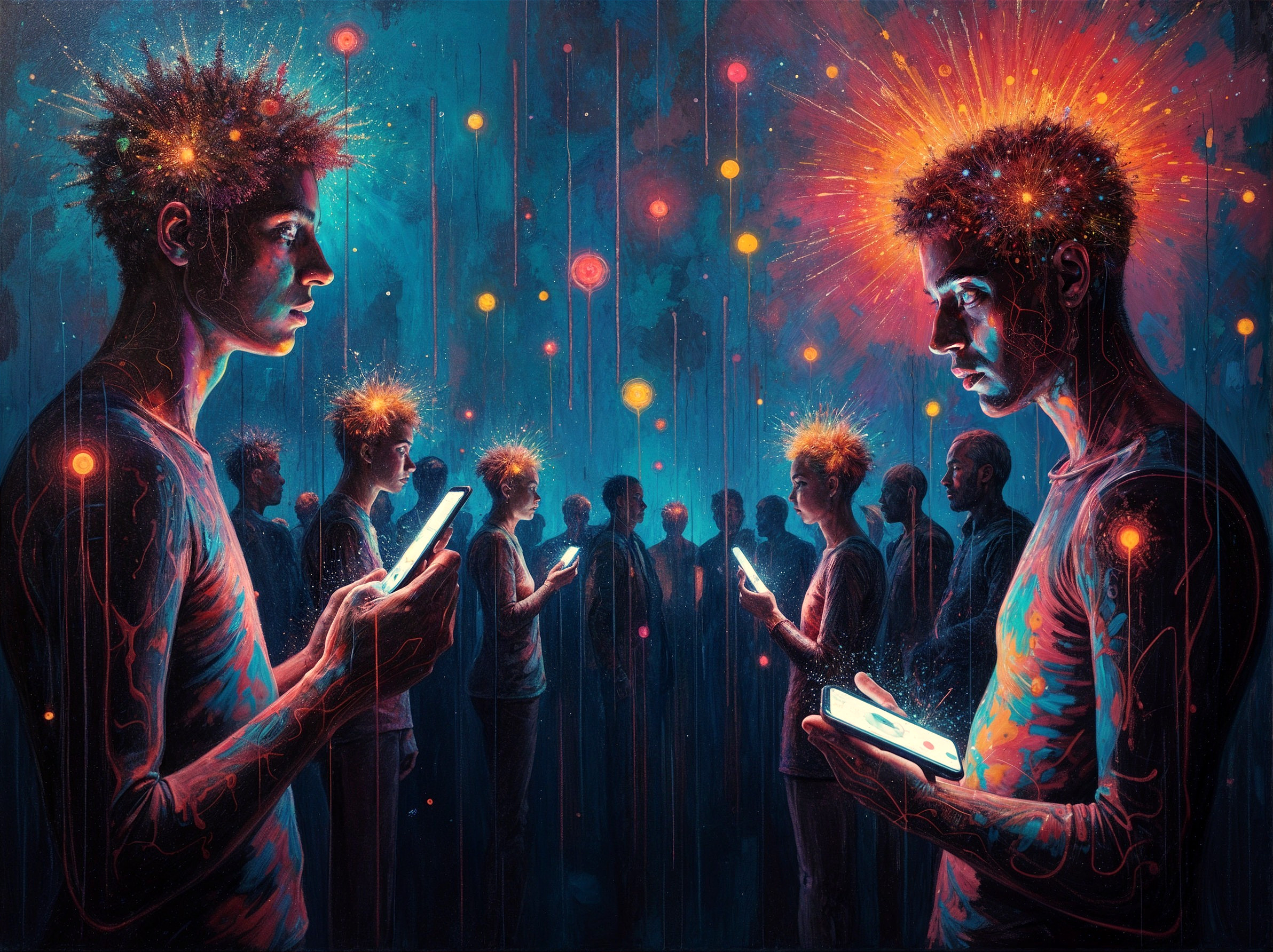 Young Men with Spiky Hair in Colorful Light Scene