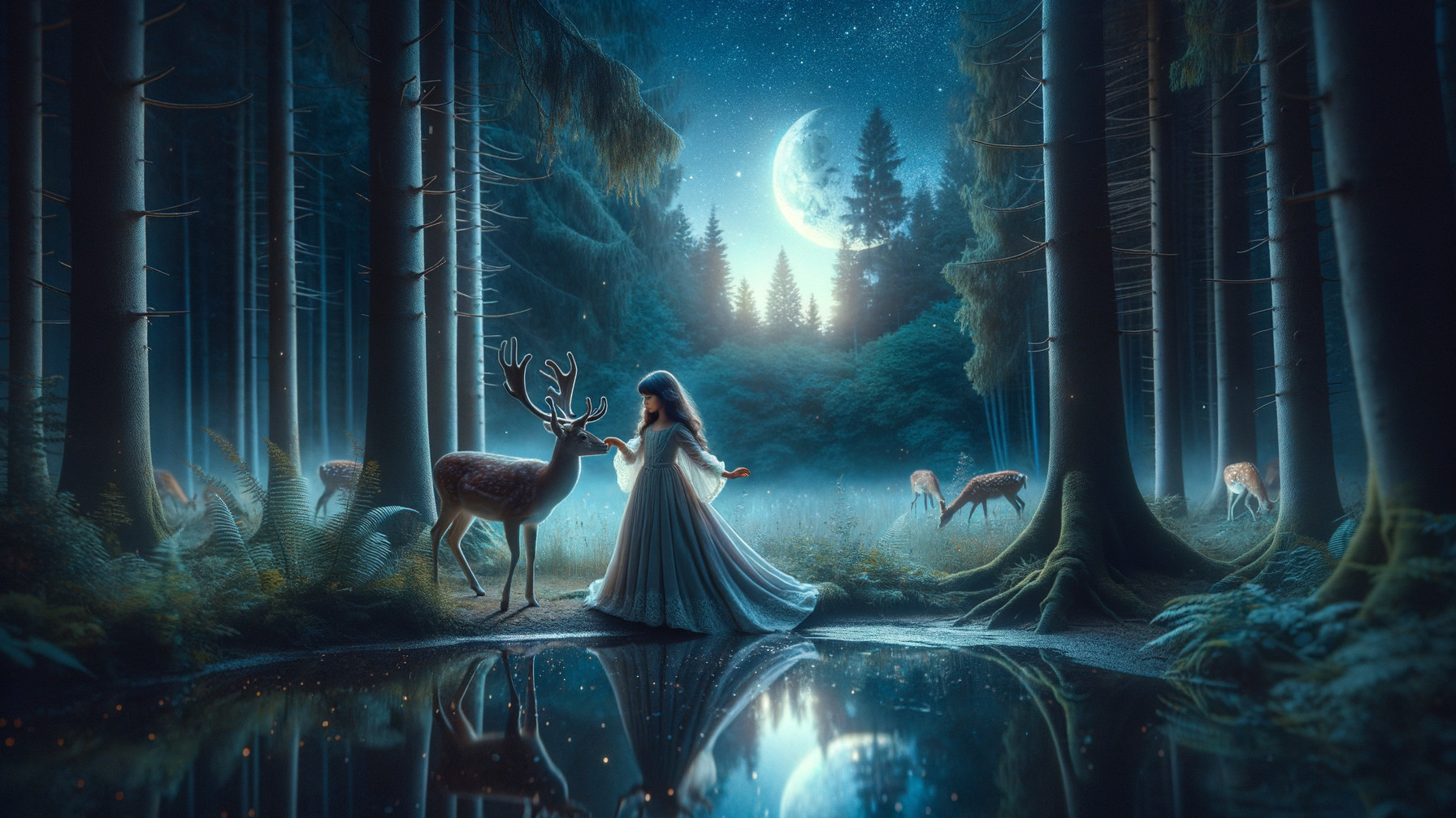 Moonlit Forest Scene with Deer and Serene Figure