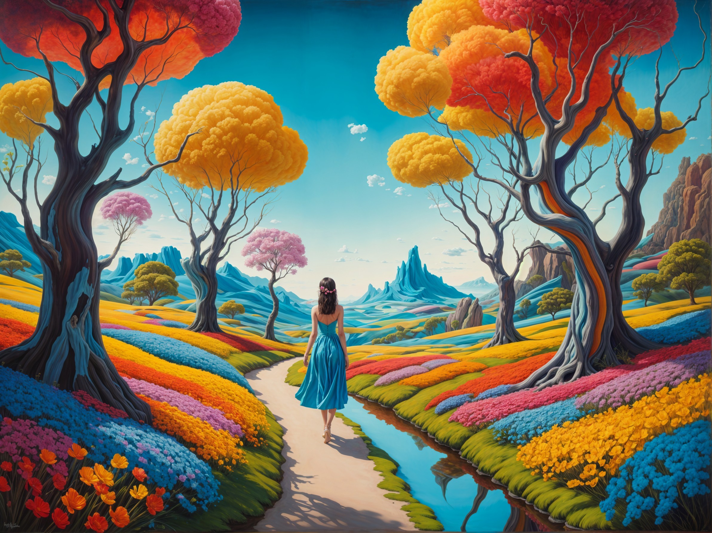 Vibrant Autumn Landscape with Woman in Blue Dress