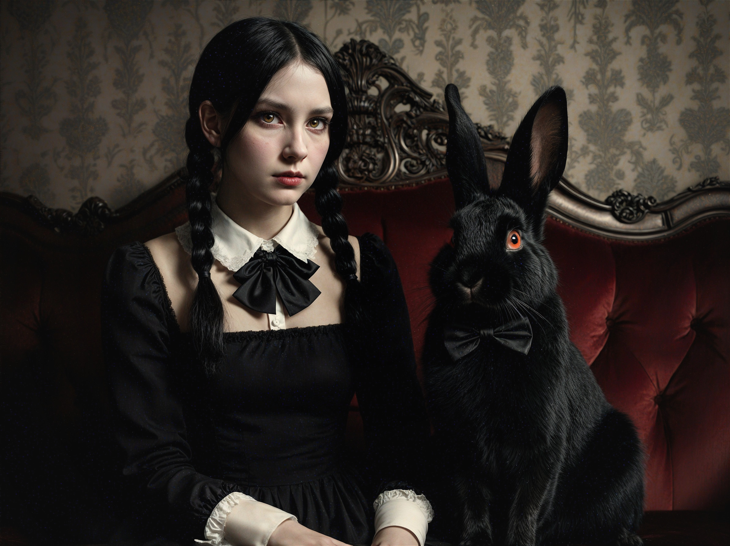 Young Woman and Black Rabbit on Vintage Sofa