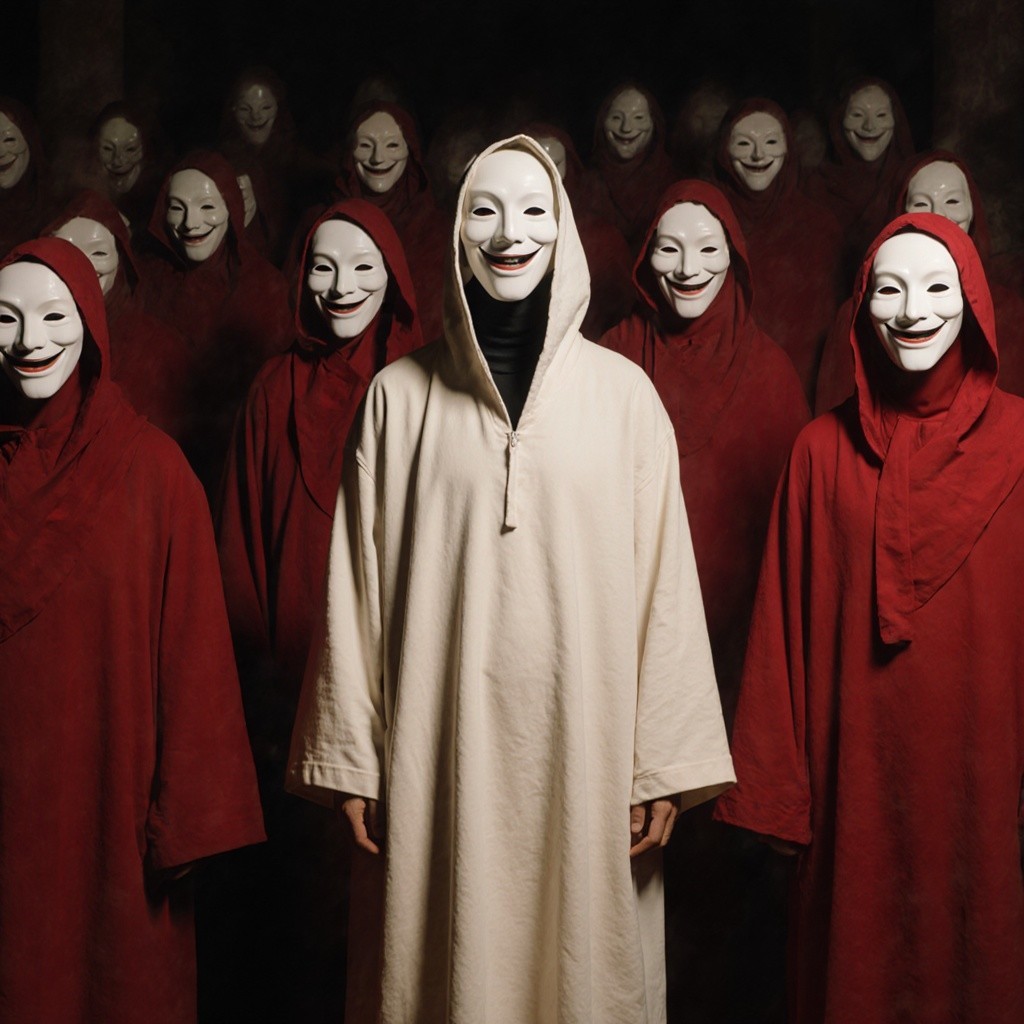 Masked Figures in Dim Light with Eerie Atmosphere