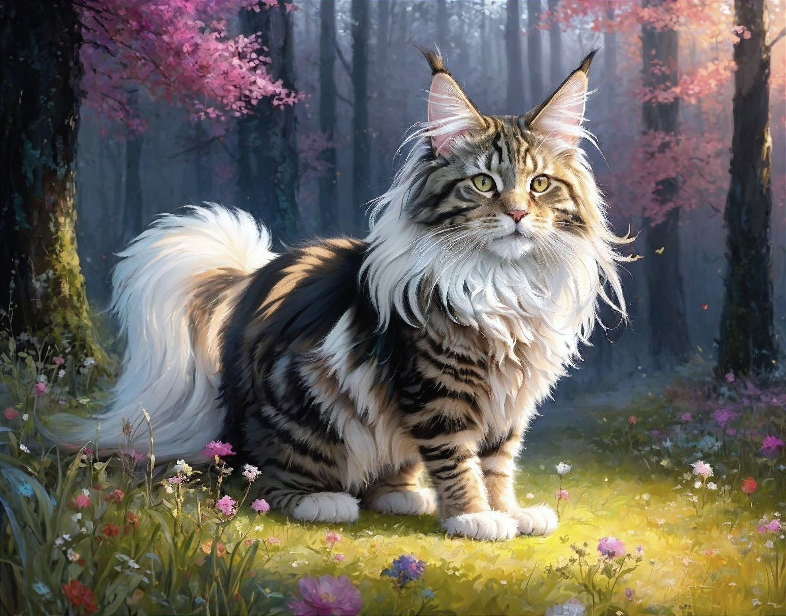 Maine Coon Cat in Enchanted Forest with Pink Foliage