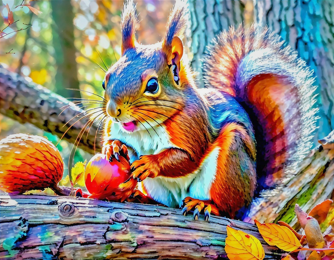 Squirrel with Apple on Log in Autumn Setting