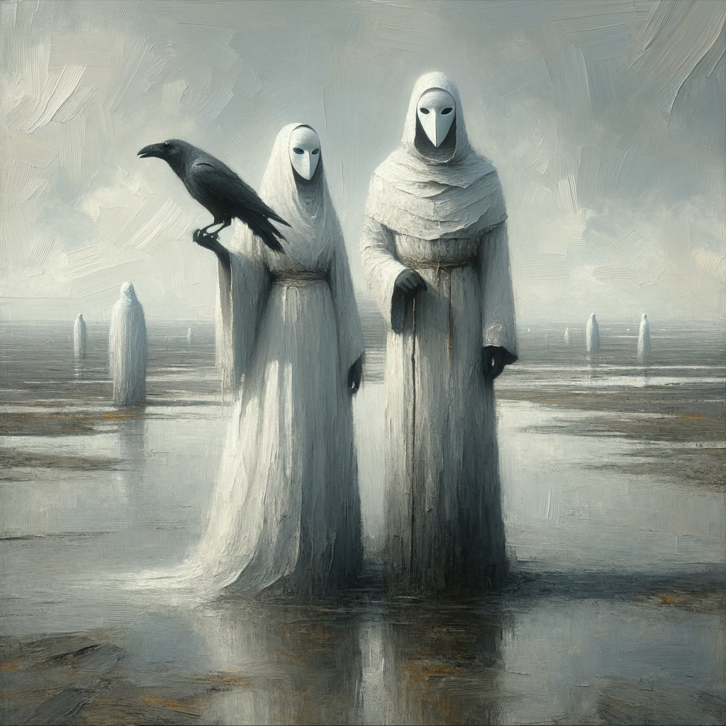 Misty Landscape with Cloaked Figures and Raven