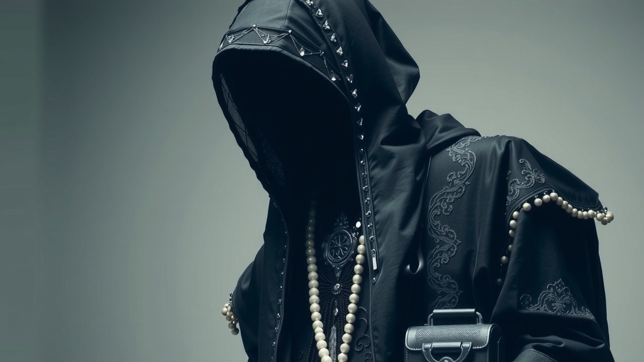 Black Hooded Jacket with Intricate Gray Embroidery