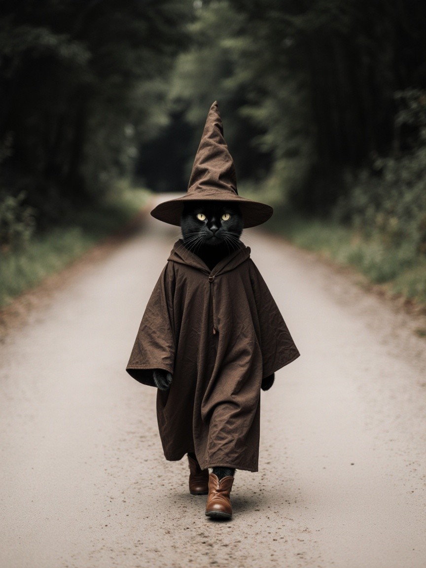 Black Cat in Brown Robe and Hat in Enchanted Forest