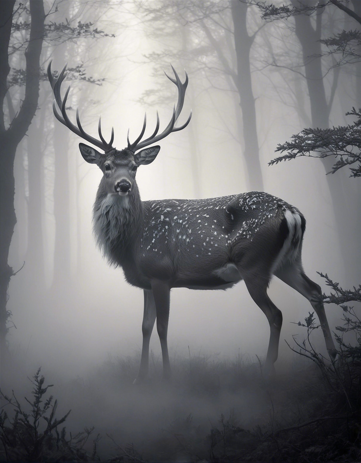 Majestic deer in a misty forest setting