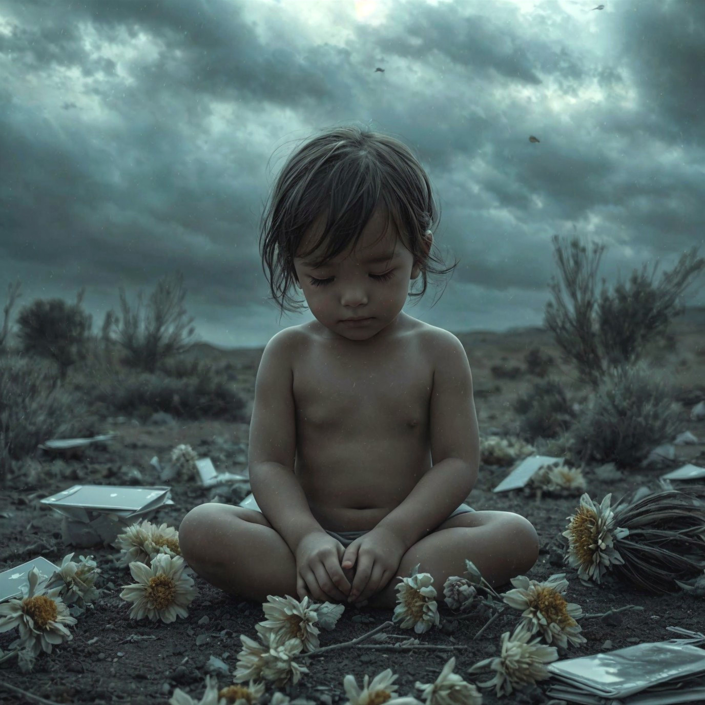 Child in solitude among wilted flowers and mirrors