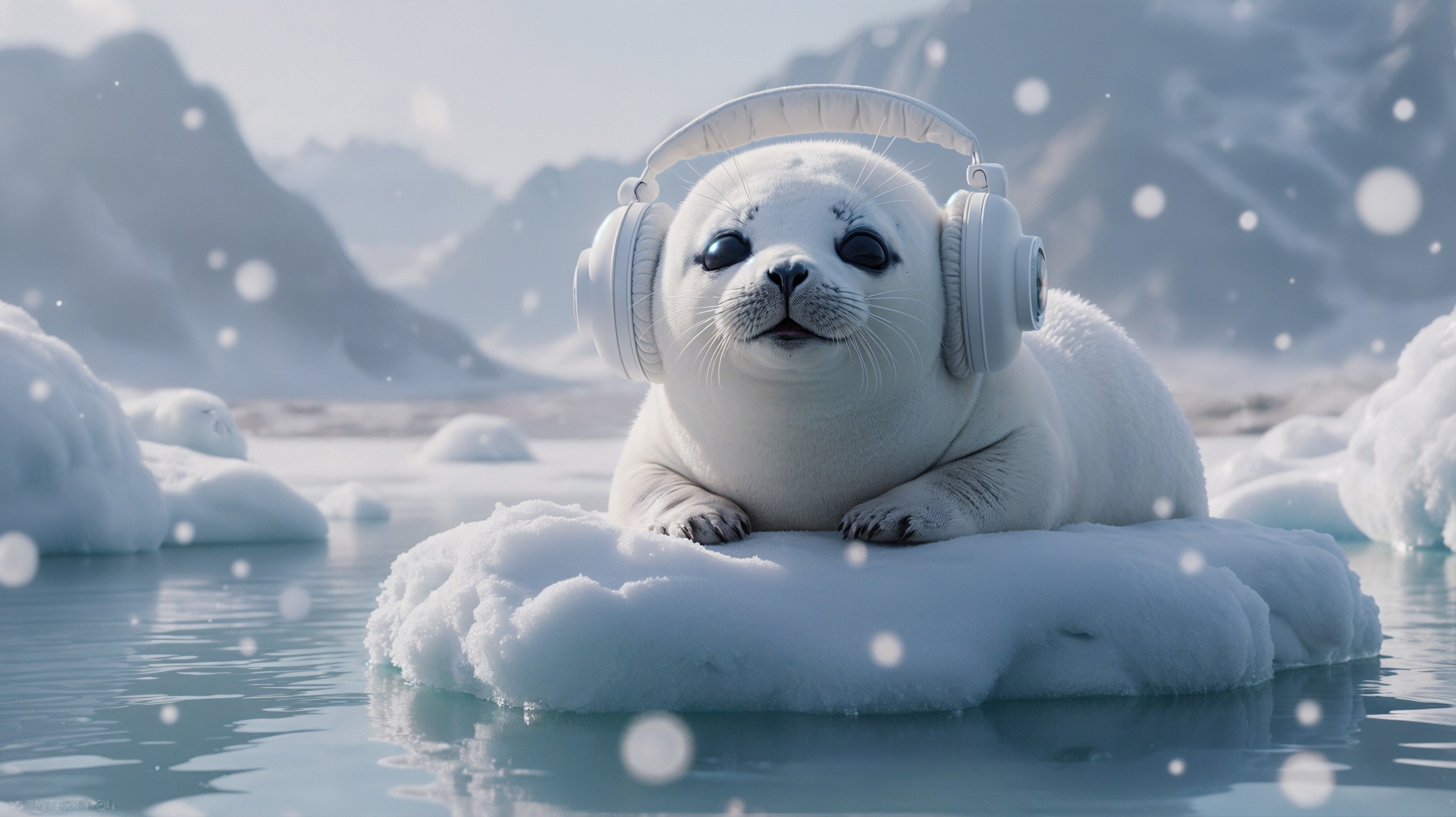 White seal with headphones on an ice floe in winter