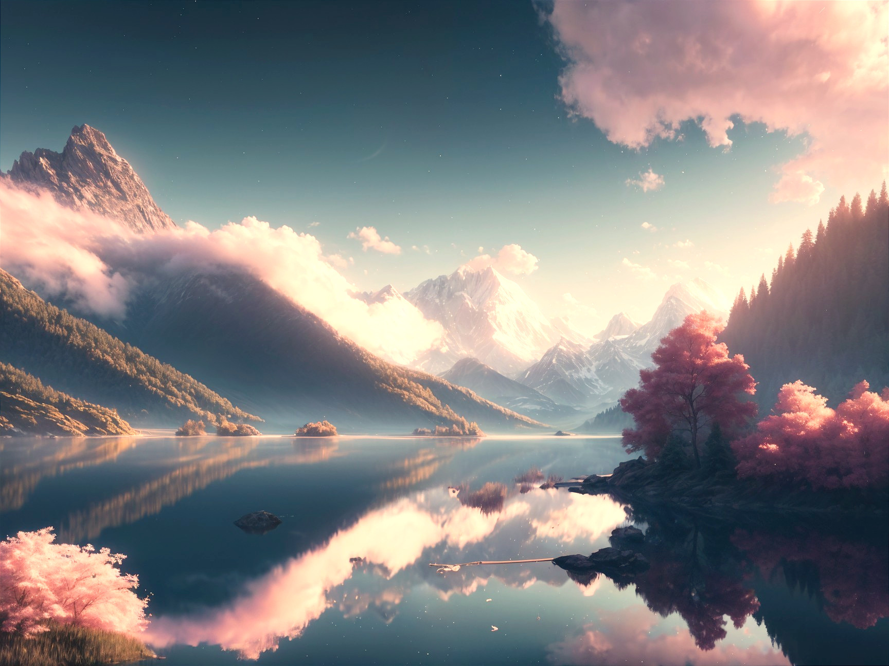 Serene Mountain Landscape with Reflective Lake and Blossoms